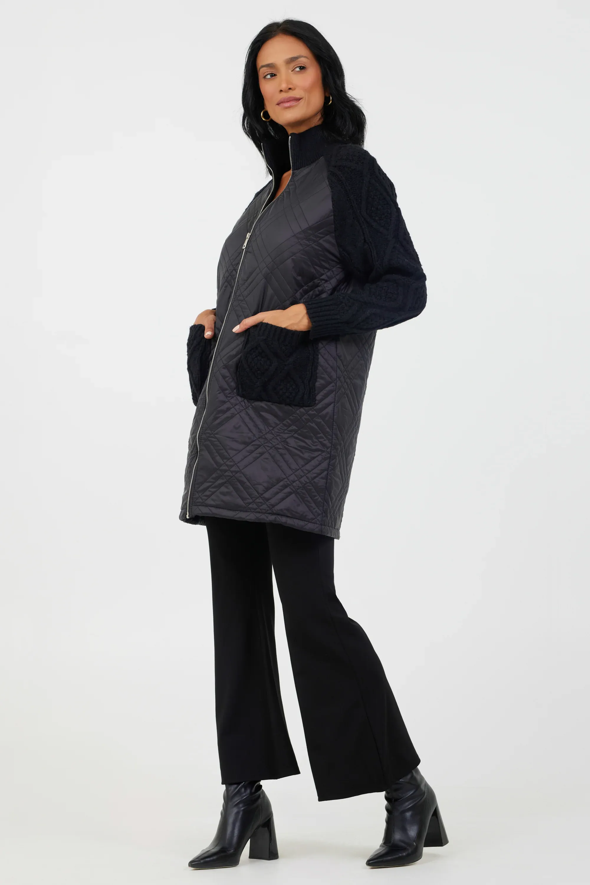 Tabitha Quilted Knitted Sleeve Long Jacket | Black
