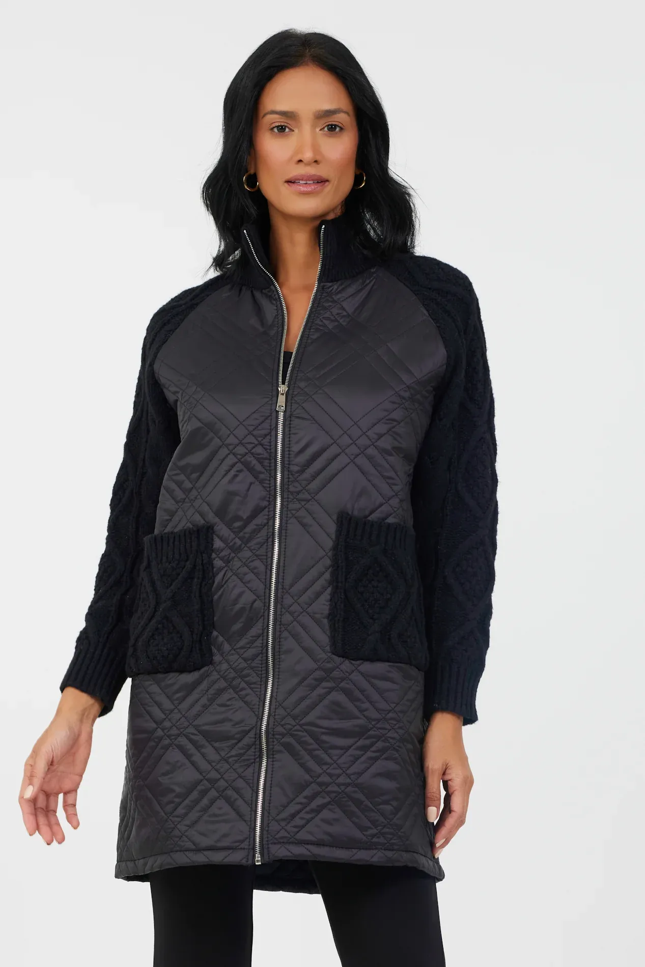 Tabitha Quilted Knitted Sleeve Long Jacket | Black