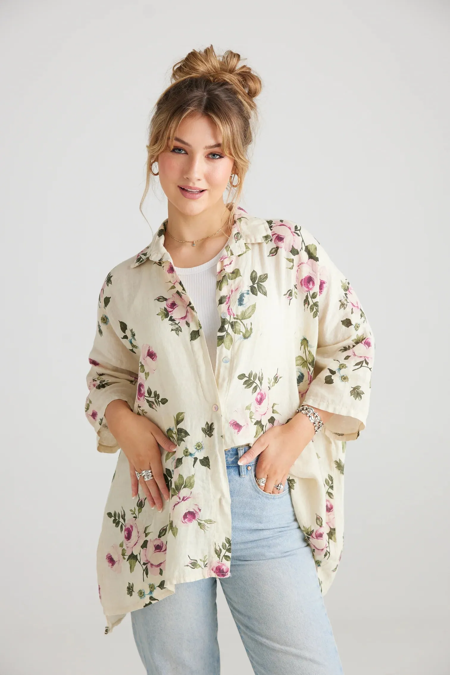 Teddy Floral linen shirt. Denim Blue