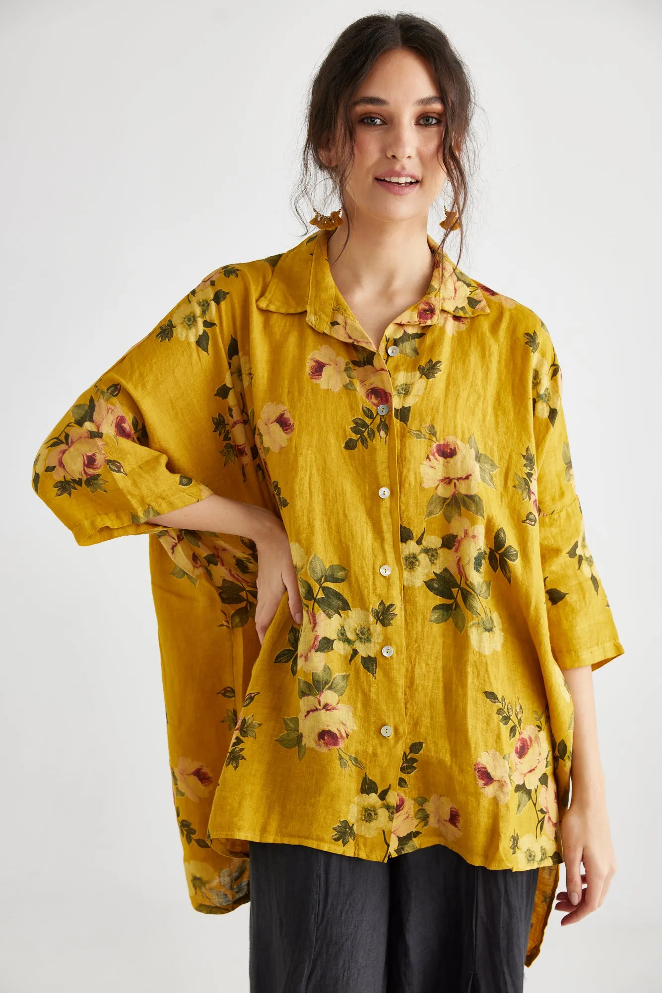 Teddy Floral linen shirt. Denim Blue