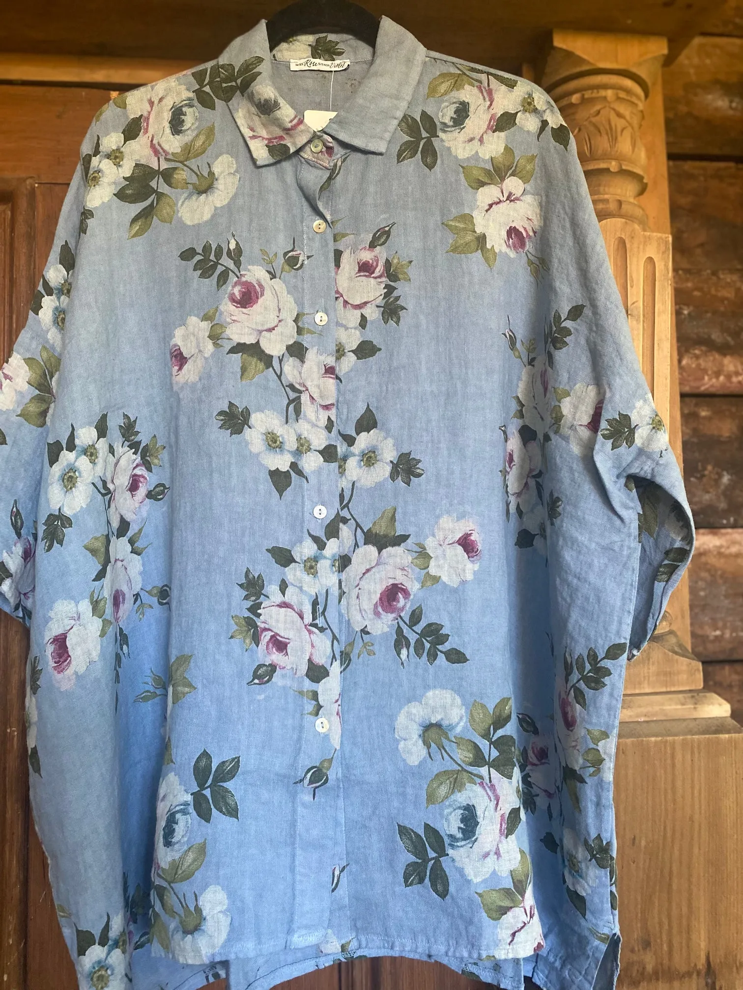 Teddy Floral linen shirt. Denim Blue