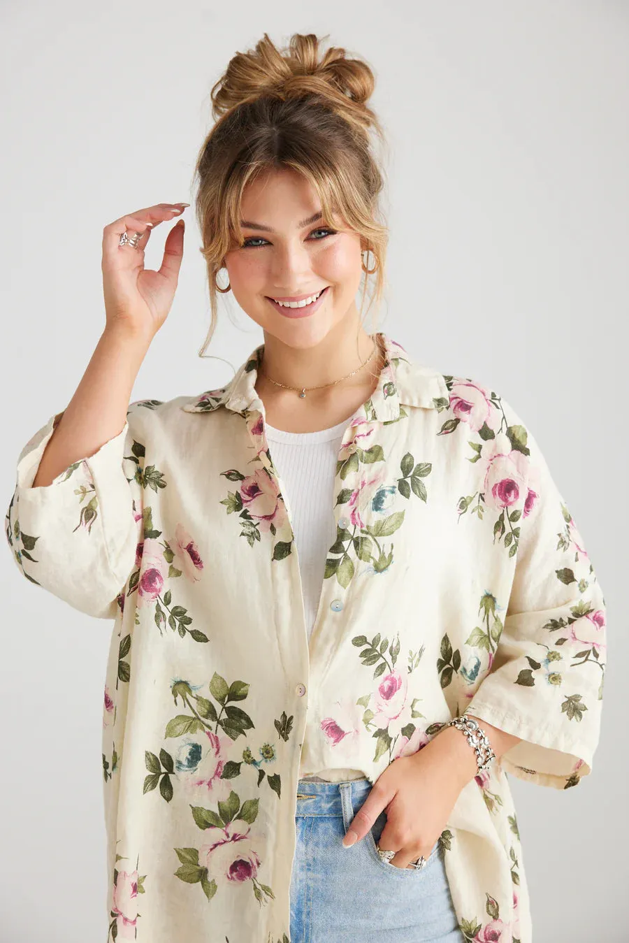 Teddy Floral linen shirt. Denim Blue