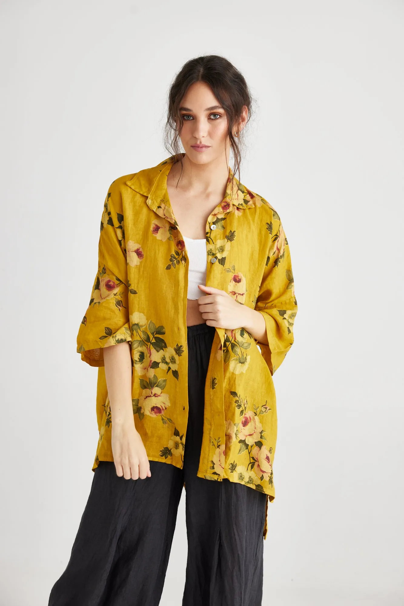 Teddy Floral linen shirt. Denim Blue