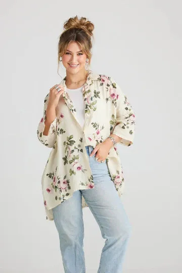 Teddy Floral linen shirt. Denim Blue
