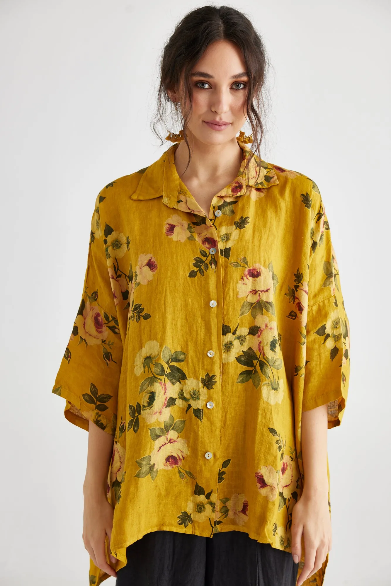 Teddy Floral linen shirt. Denim Blue