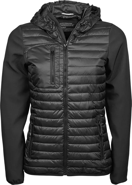 Tee Jays Ladies Hooded Crossover Jacket | Showerproof Puffer | Softshell Panels | Black | S-3XL