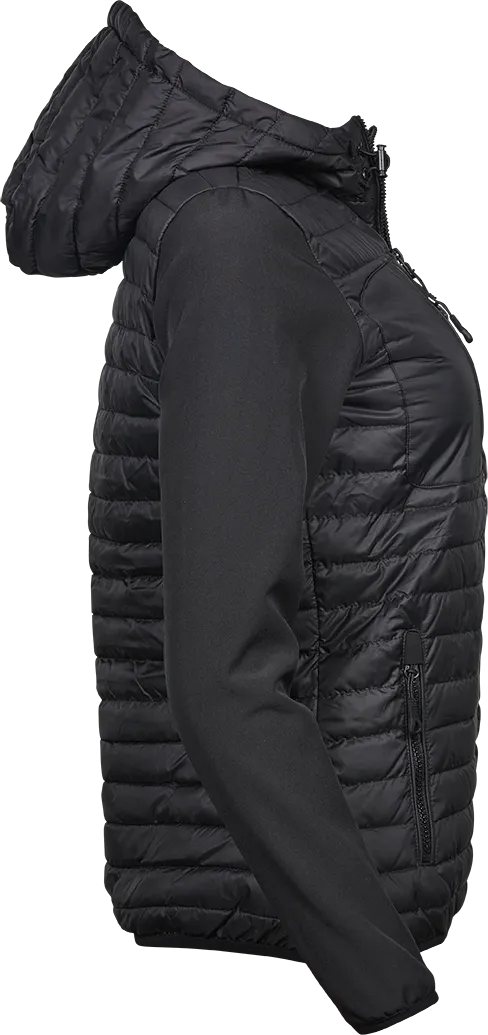 Tee Jays Ladies Hooded Crossover Jacket | Showerproof Puffer | Softshell Panels | Black | S-3XL