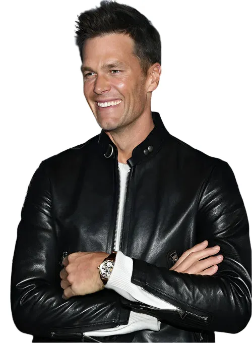 TOM BRADY Leather Racer Neck Biker Jacket