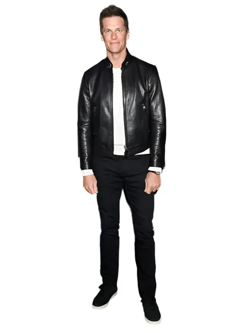 TOM BRADY Leather Racer Neck Biker Jacket