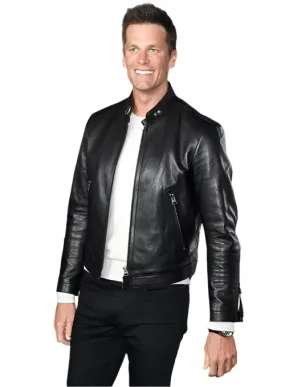 TOM BRADY Leather Racer Neck Biker Jacket