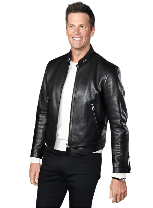 TOM BRADY Leather Racer Neck Biker Jacket
