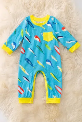 TURQUOISE FISHING PRINTED ONESIE WITH SNAPS.