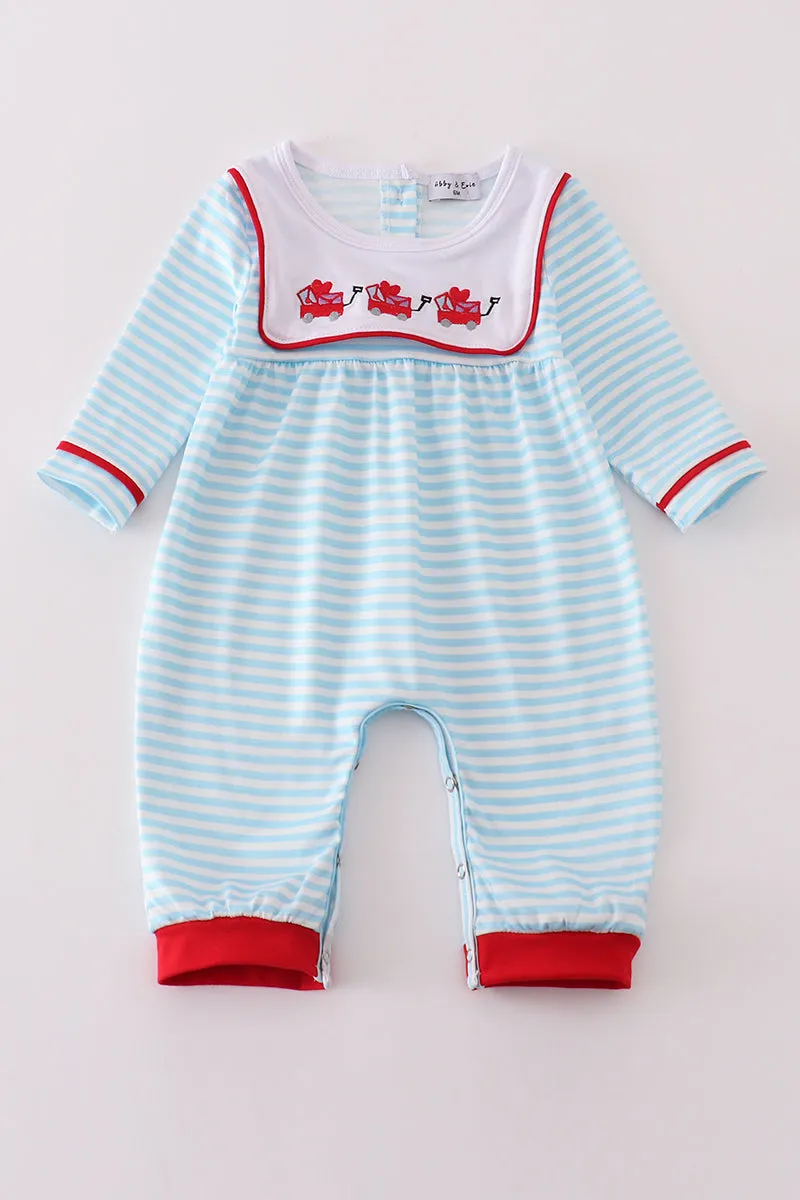 Valentine's Day Heart Envelope Embroidery Stripe Boy Romper