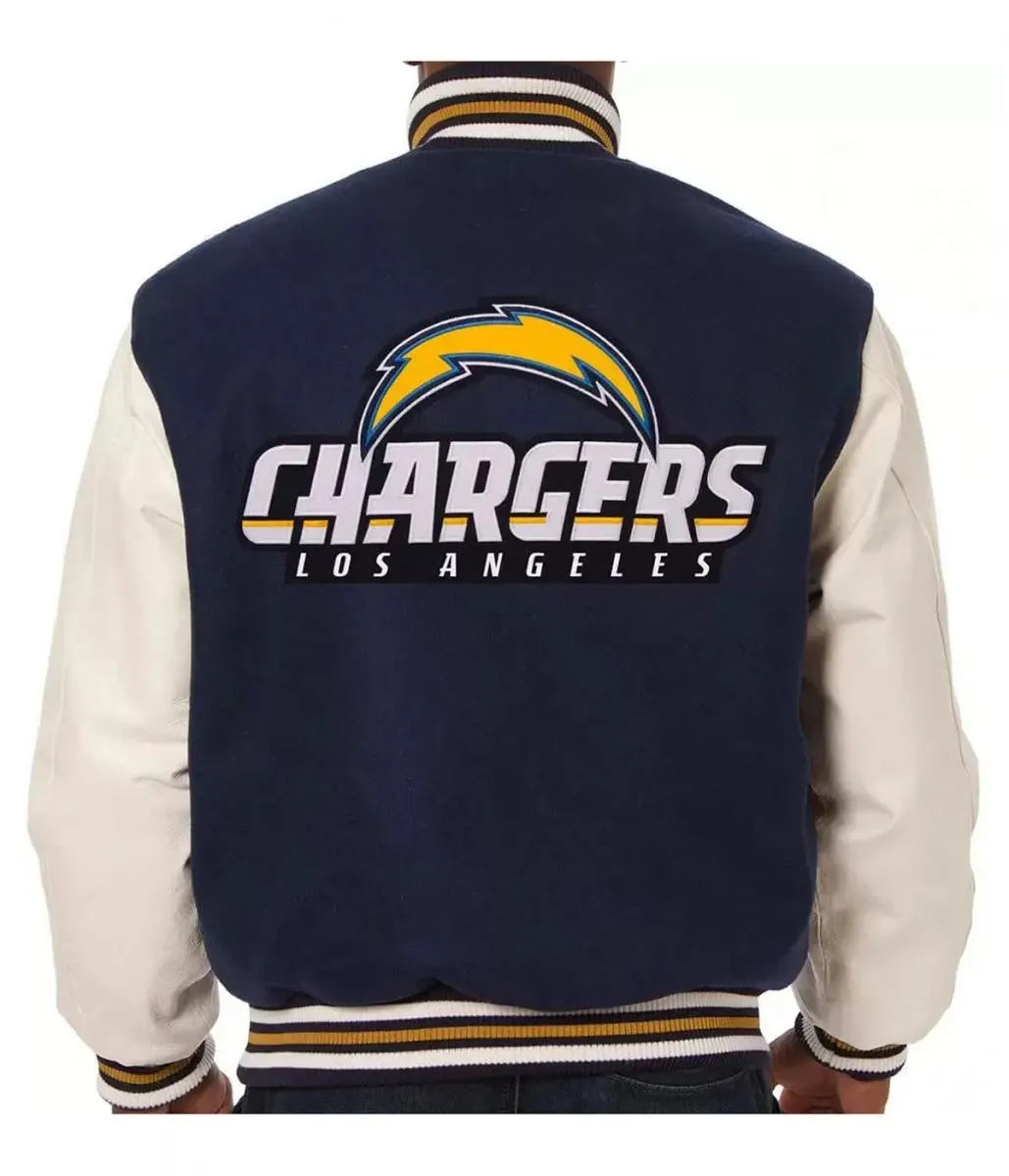 Varsity LA Chargers Navy Blue and White Wool/Leather Jacket