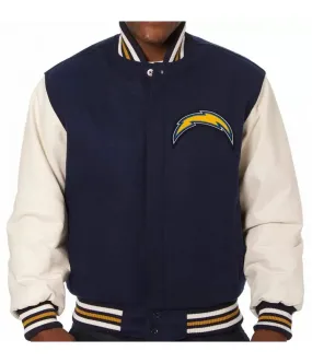 Varsity LA Chargers Navy Blue and White Wool/Leather Jacket