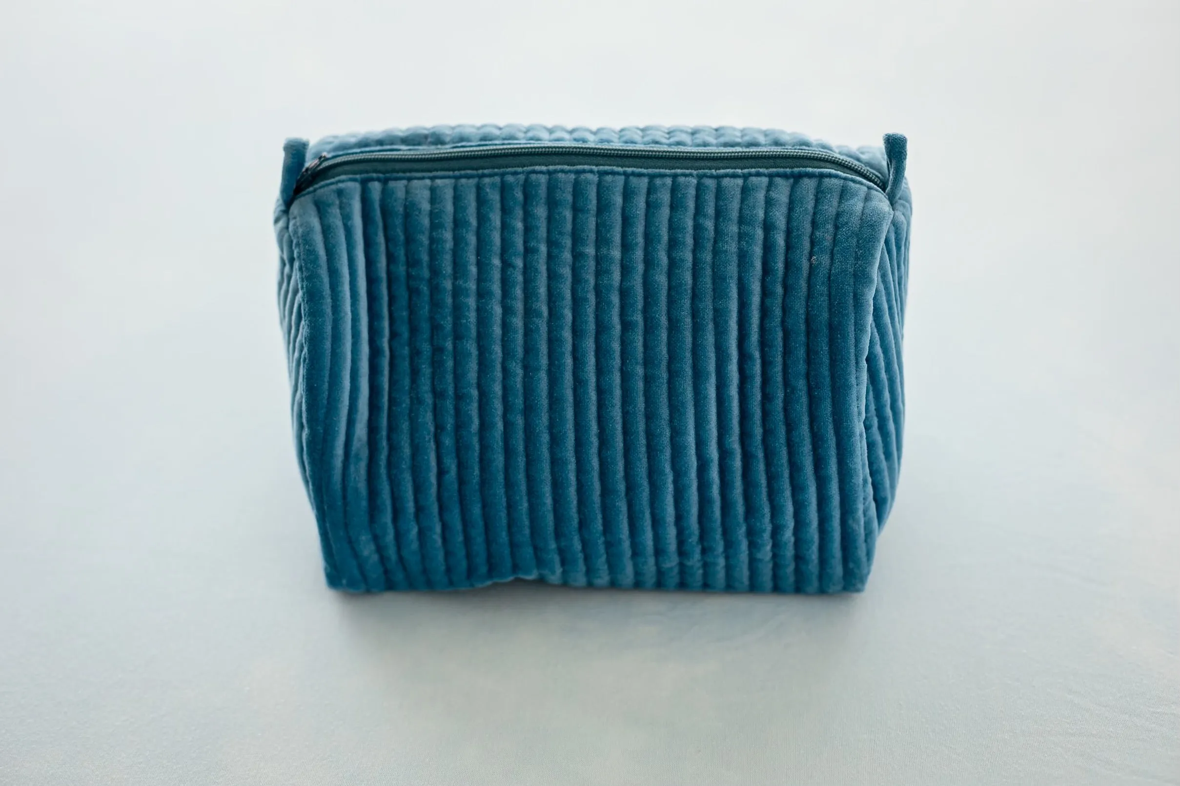 Velvet & Block Print Cosmetic Pouch- Blue