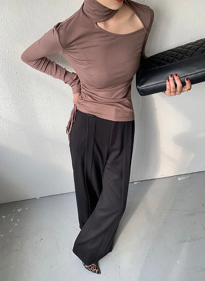 WANXO camel high waist drooping casual pants new straight loose wide leg pants- Tela