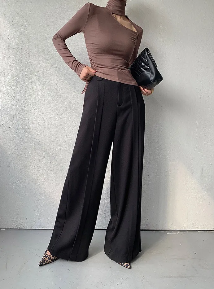WANXO camel high waist drooping casual pants new straight loose wide leg pants- Tela