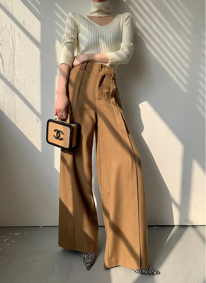WANXO camel high waist drooping casual pants new straight loose wide leg pants- Tela