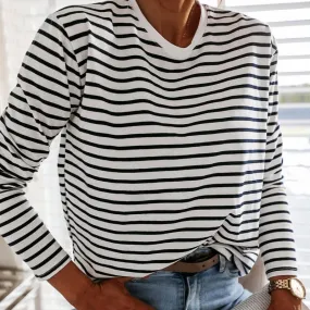 Women Black And White Striped Shirt | Round Crew Neck Shirt | Korean Shirt Long Sleeve Loose Pullover Shirt | Black & White Striped Top