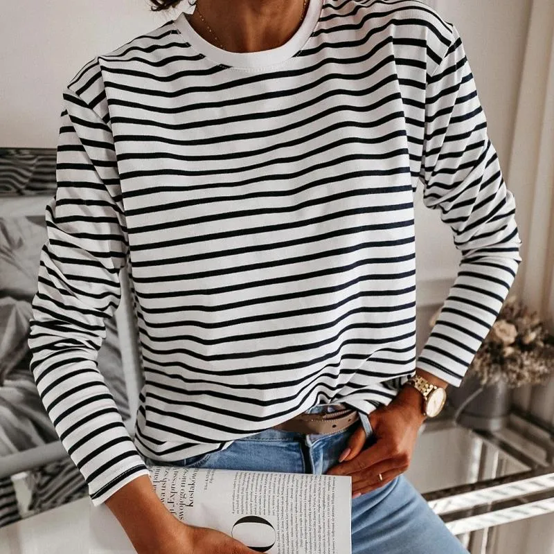 Women Black And White Striped Shirt | Round Crew Neck Shirt | Korean Shirt Long Sleeve Loose Pullover Shirt | Black & White Striped Top