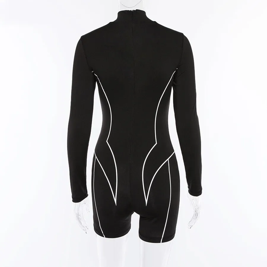 Women's Summer Turtleneck Striped Fitness Skinny Bodysuit