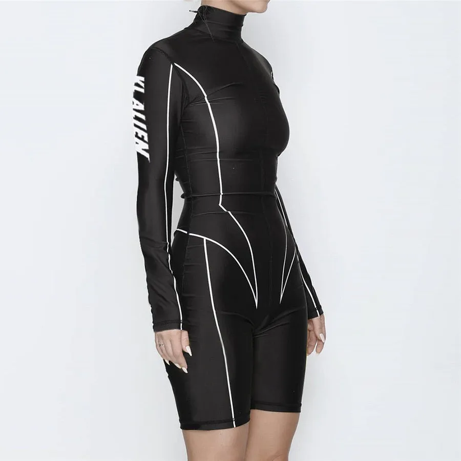 Women's Summer Turtleneck Striped Fitness Skinny Bodysuit