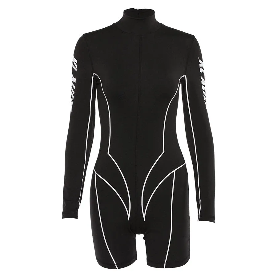 Women's Summer Turtleneck Striped Fitness Skinny Bodysuit